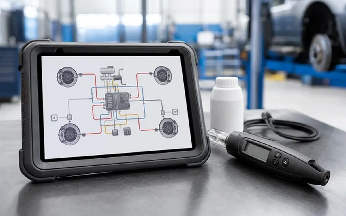 ABS-Diagnose mit Tablet und Prüfgerät